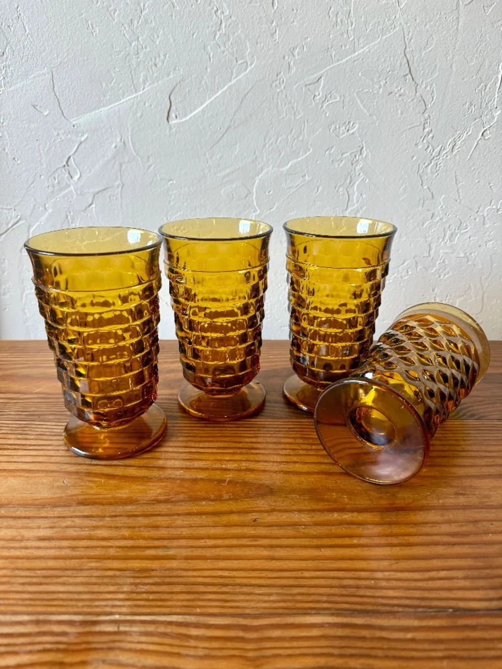Vintage Indiana Glass Whitehall Cubist Amber Footed Tumblers – Set of 4